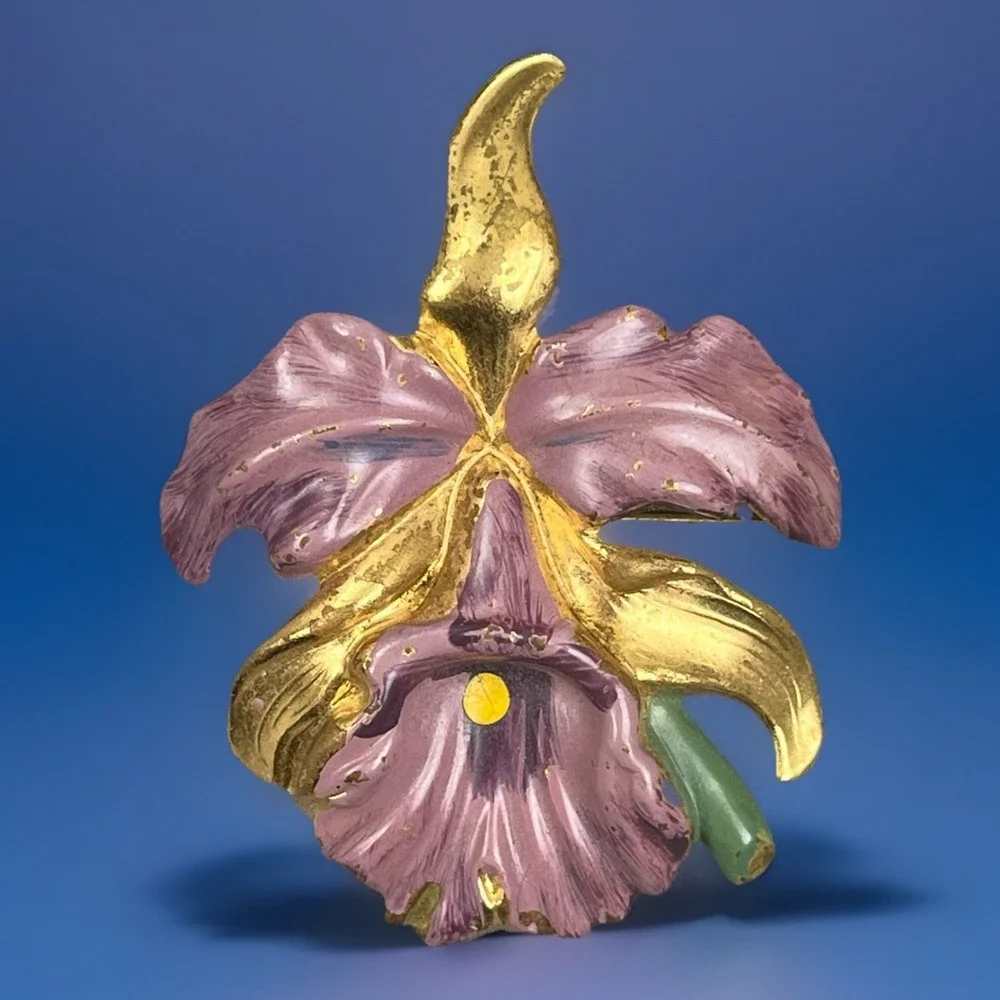 Vintage‎ Orchid Brooch Purple Gold-Tone 1950s Flower Pin Corsage Brooch Painted